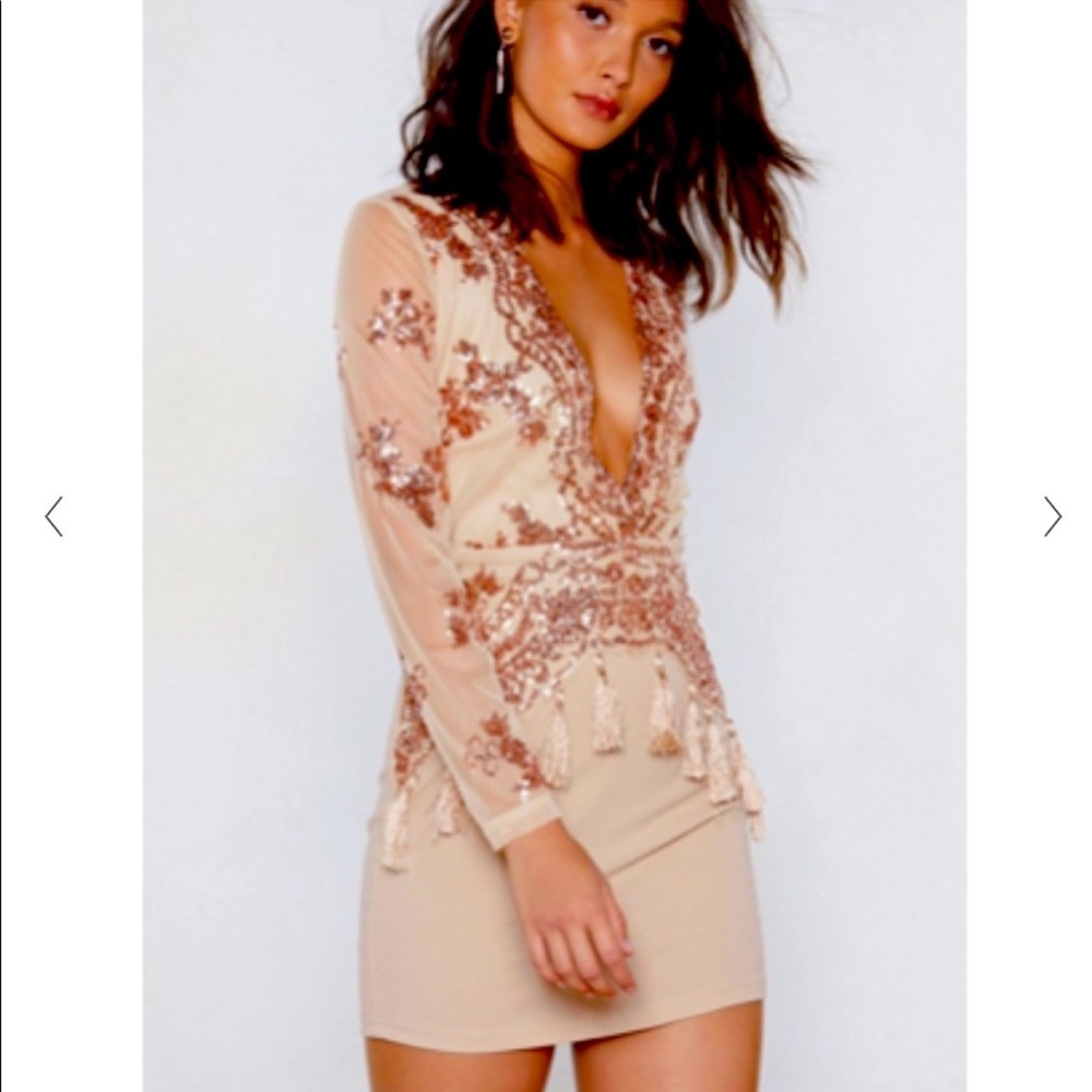 NASTYGAL GOLD SEQUIN LONG SLEEVE MESH MINI DRESS
